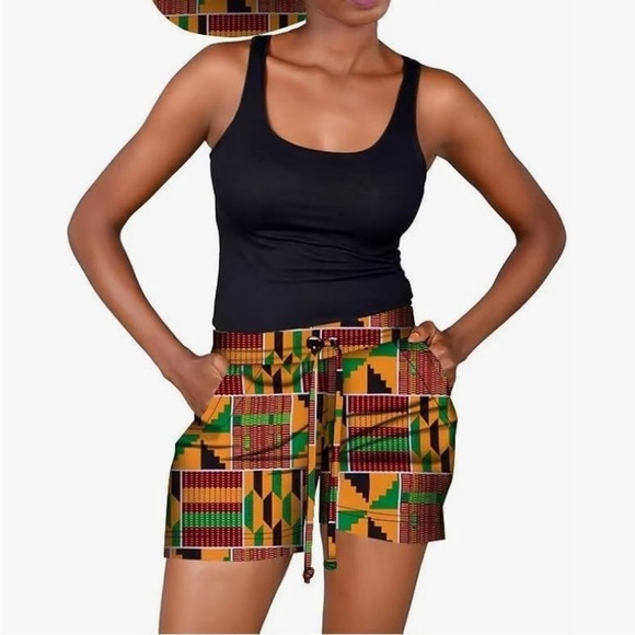 Women’s African Print High-Waist Shorts with Matching Big Hat - Picture 2 of 2